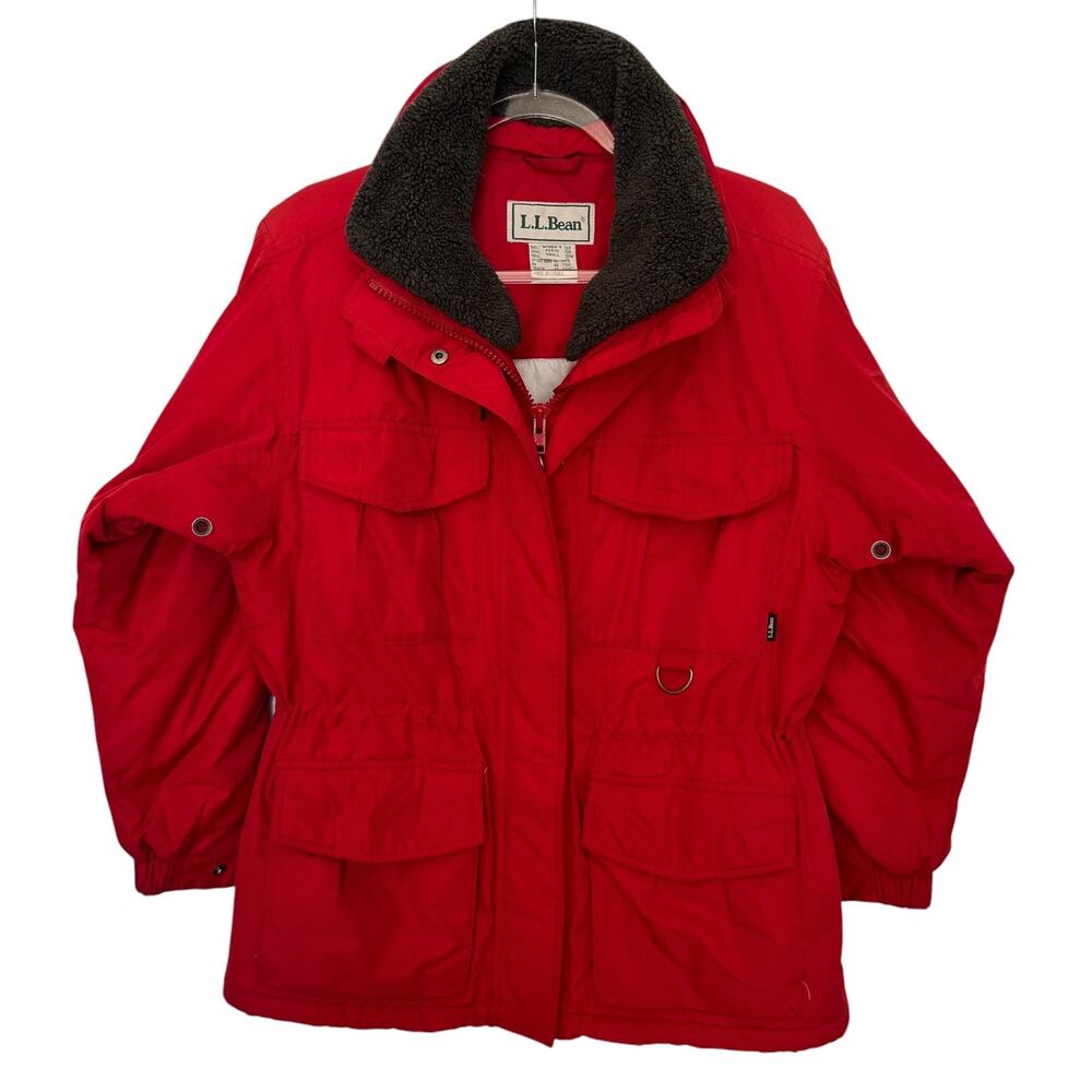 1990s Vintage L.L.Bean PrimaLoft Field Red Hooded Parka Feece collar S Petite